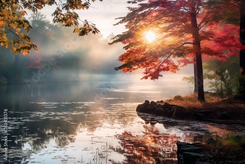 A dreamy scene of mist rising from a tranquil pond surrounded by colorful trees