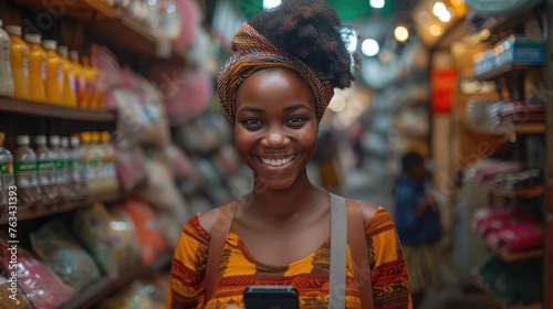 Joyful Market Encounter, radiant young African woman with a colorful headwrap smiles broadly at the camera, her happiness lighting up the bustling market atmosphere