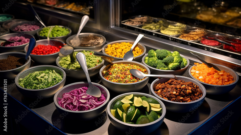 A  photograph of a fast-food salad bar filled with fresh ingredients and toppings, catering to health-conscious customers.