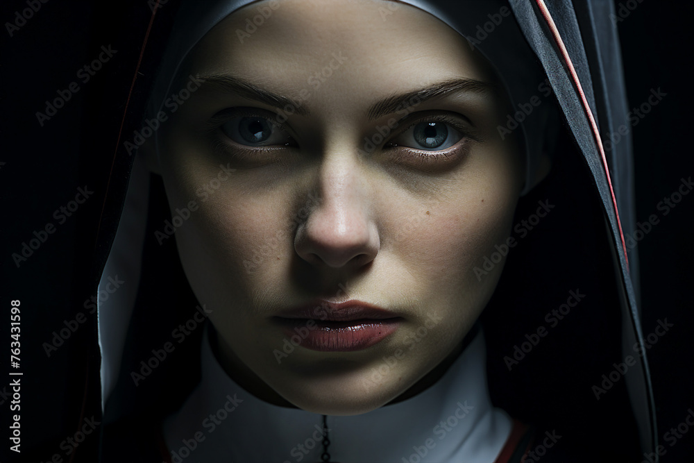 Mysterious religious person nun priest in church robe serious face expression Generative AI illustration Mysterious religious person nun priest in church robe serious face expression Generative AI illustration