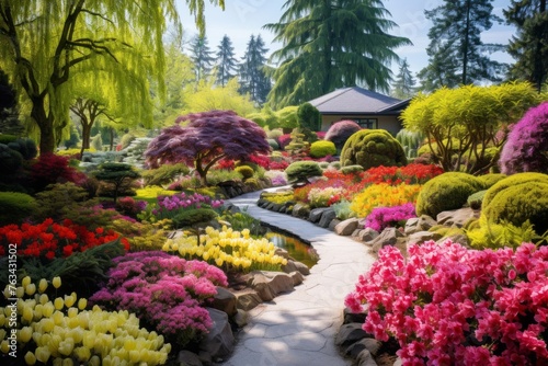 A lush and colorful garden in full bloom during springtime © KerXing