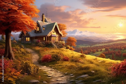 A peaceful scene of a country cottage nestled amidst rolling hills blanketed with golden leaves, epitomizing the charm of autumn living