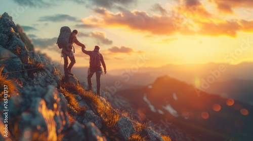 Helping Hand in Mountain Trek, the sun sets, one hiker extends a helping hand to another, aiding them up a rocky mountain path, exemplifying teamwork and the spirit of adventure photo