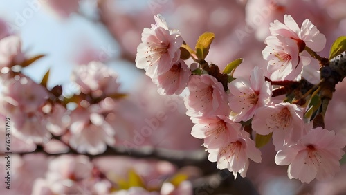 Cherry blossom pink flowers background, Spring season nature, Copy space