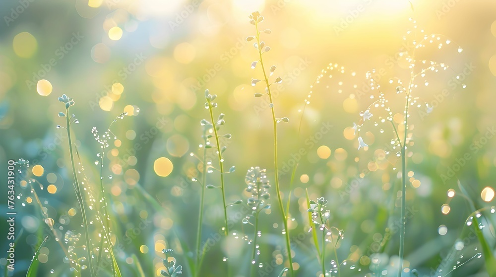 The lush green of spring grass jeweled with morning dew, sparkling under a rising sun with a bokeh light effect. The lush green of spring grass jeweled with morning dew, sparkling under a rising sun with a bokeh light effect.