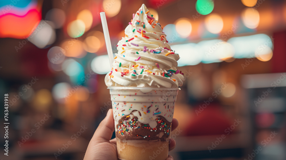 A photograph of a hand holding a giant, delicious-looking milkshake topped with whipped cream and sprinkles.