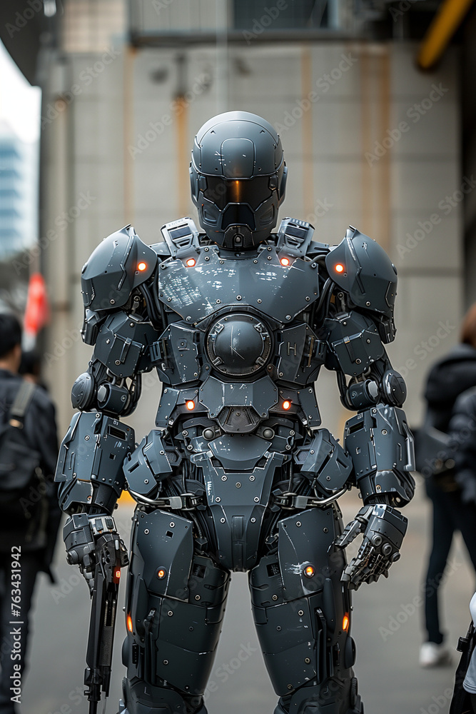 Futuristic police robot in urban setting, showcasing advanced technology and security concept Futuristic police robot in urban setting, showcasing advanced technology and security concept
