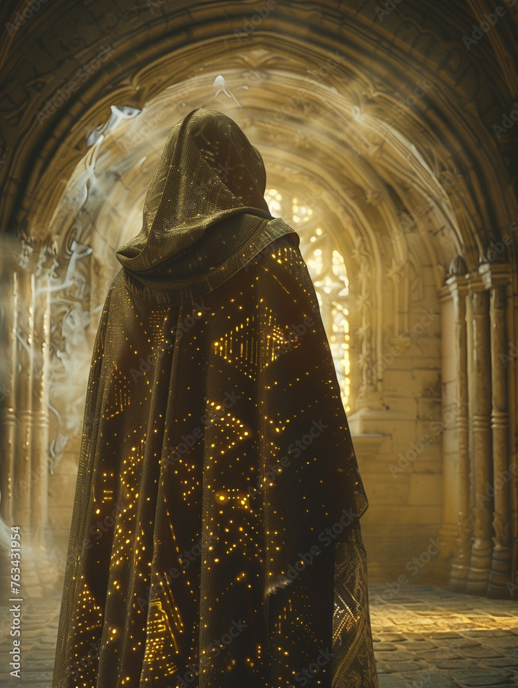 Old Faith Robe Cloaked in robes with circuit patterns, medieval cyber monks chant code ...