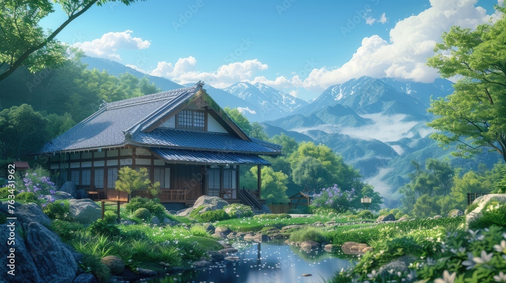 Idyllic Japanese Village Scenery, serene depiction of a traditional Japanese village house surrounded by lush greenery, mountains in the background, and a tranquil pond reflecting the scenic beauty