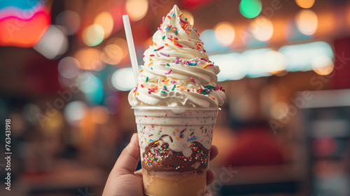 Obraz na płótnie A photograph of a hand holding a giant, delicious-looking milkshake topped with whipped cream and sprinkles. w salonie