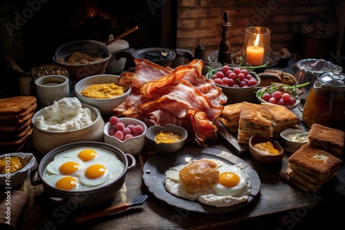A rustic brunch spread with bacon, eggs, and freshly baked pastries