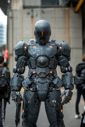 Futuristic police robot in urban setting, showcasing advanced technology and security concept