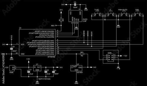 Schematic diagram of electronic device.
Vector drawing electrical circuit with 
thermal sensor, microcontroller, integrated circuit, button, 
resistor, capacitor
on  background of paper sheet.