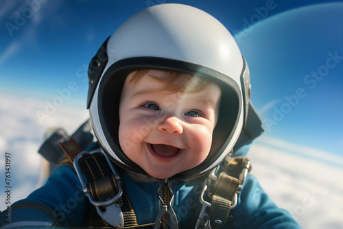 AI generated image of cute funny sweet baby skydiver flying in blue sky © Tetiana