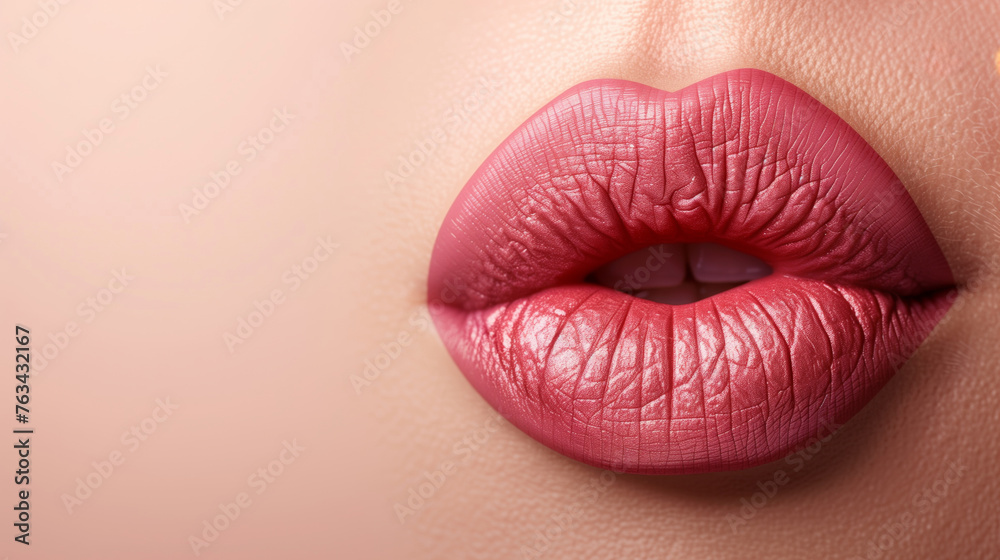 Beautiful female lips close-up on a light beige background. AI generation. Beautiful female lips close-up on a light beige background. AI generation.