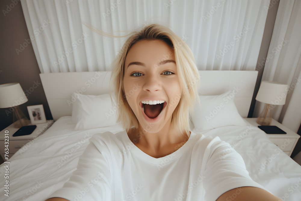 Young blonde woman in a white blouse smiling and taking a selfie while making a funny face at home Young blonde woman in a white blouse smiling and taking a selfie while making a funny face at home