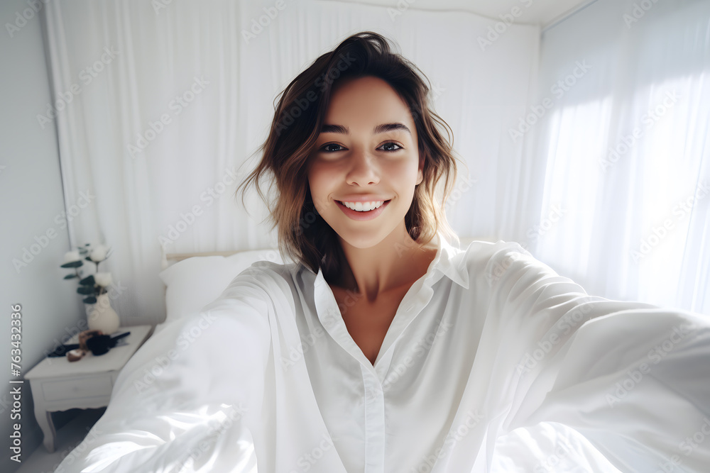 Young brunette woman in a white blouse smiling and taking a selfie while making a funny face at home Young brunette woman in a white blouse smiling and taking a selfie while making a funny face at home