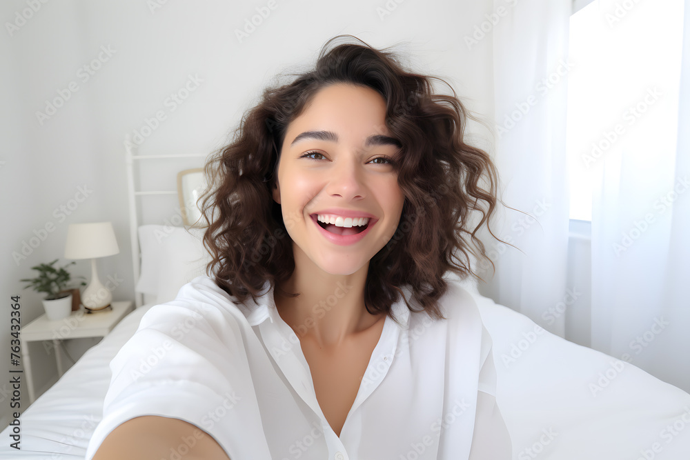 Young brunette woman in a white blouse smiling and taking a selfie while making a funny face at home Young brunette woman in a white blouse smiling and taking a selfie while making a funny face at home