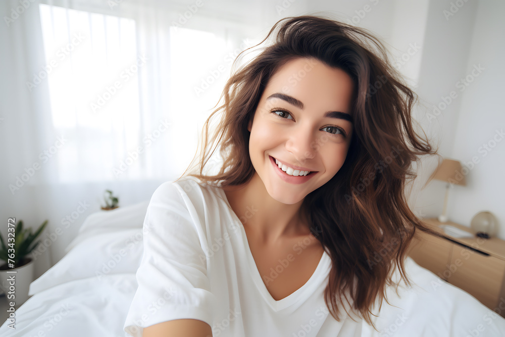 Young brunette woman in a white blouse smiling and taking a selfie while making a funny face at home Young brunette woman in a white blouse smiling and taking a selfie while making a funny face at home