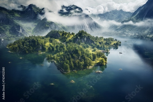 Aerial view of a serene lake reflecting the surrounding mountains