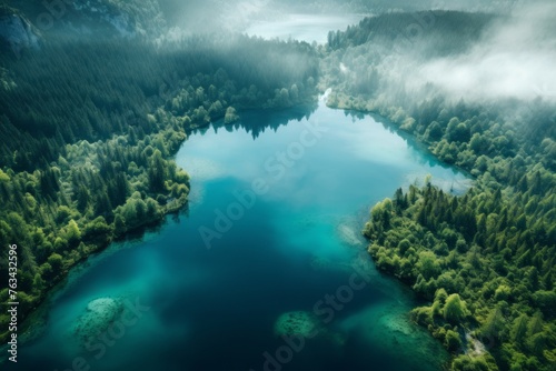 Aerial view of a serene blue lake surrounded by dense forests