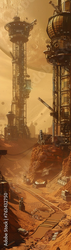 On the Martian frontier, a steampunk colony blooms, its Victorian architecture mingling with steam-powered technology, a sight to behold