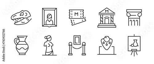 10 black outline icons on white background representing museums, exhibitions, art, and culture topics. Vector illustration for web, mobile, promotional materials, and SMM.