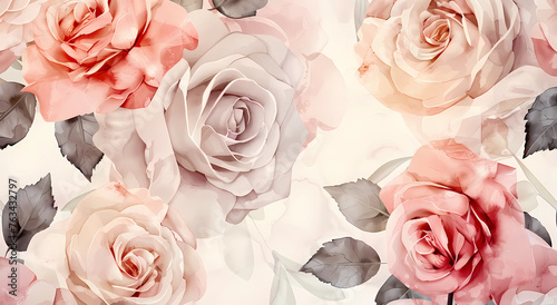 Roses and leaves pattern in soft pink tones