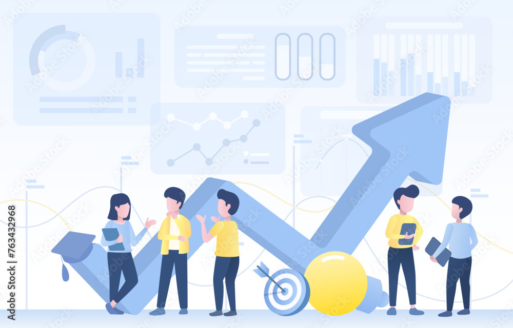 Business people discussion to improve investment. Arrow pointing up, start-up, growth management, tactical plan, strategy development for success. Flat vector design illustration.