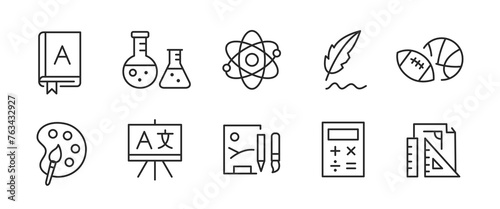 10 school subject icons: literature, chemistry, physics, sports, drawing, math, geometry, etc. For web, mobile, promos, SMM. Education, science theme. Vector illustration.