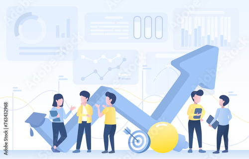 Business people discussion to improve investment. Arrow pointing up, start-up, growth management, tactical plan, strategy development for success. Flat vector design illustration.