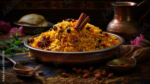A  photograph of a plate of fragrant biryani on a royal Indian silk backdrop, capturing the richness of Indian rice dishes.