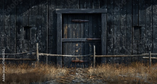 An aged barn featuring a weathered wooden door stands next to a wooden fence in a rustic setting