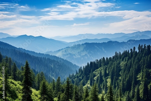 Breathtaking panoramic view of a vast forested mountain range © KerXing