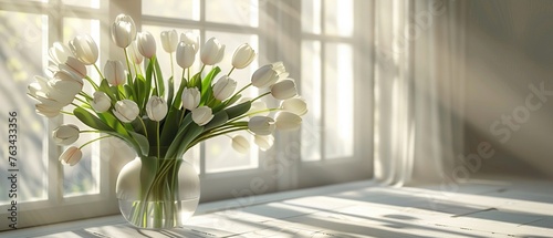 Tulips in a Bright Interior A bunch of white tulips in a vase placed in a well-lit room, adding a touch of natural elegance, high detailed