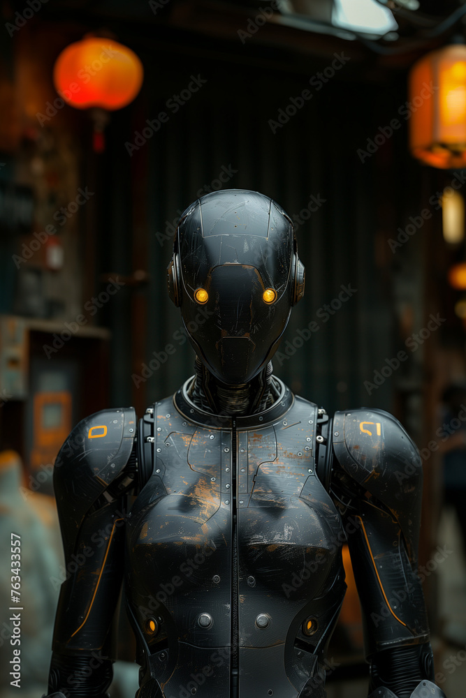 Close-up of a humanoid robot with glowing eyes in a moody urban setting, evoking a high-tech, security theme