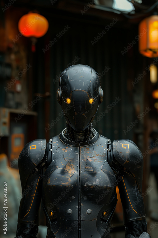 Close-up of a humanoid robot with glowing eyes in a moody urban setting, evoking a high-tech, security theme Close-up of a humanoid robot with glowing eyes in a moody urban setting, evoking a high-tech, security theme