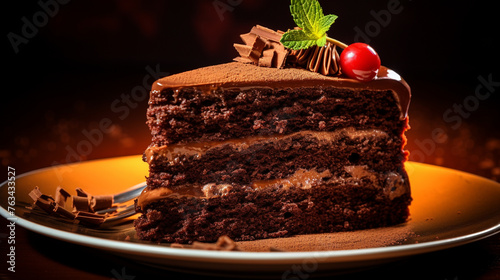 A  photograph of a rich, velvety chocolate cake on a luxurious brown background, tempting any dessert lover. © zeeshan