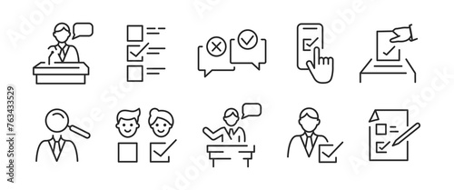 10 black line icons on a white background representing election candidates, voting, campaigns and elements related to the topic. For promotional materials, SMM. Vector Illustration.
