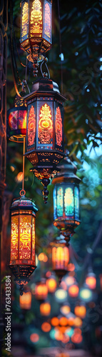 During Eid, people adorn themselves in traditional attire, celebrating under the clear night sky with colorful lanterns illuminating the festivities.