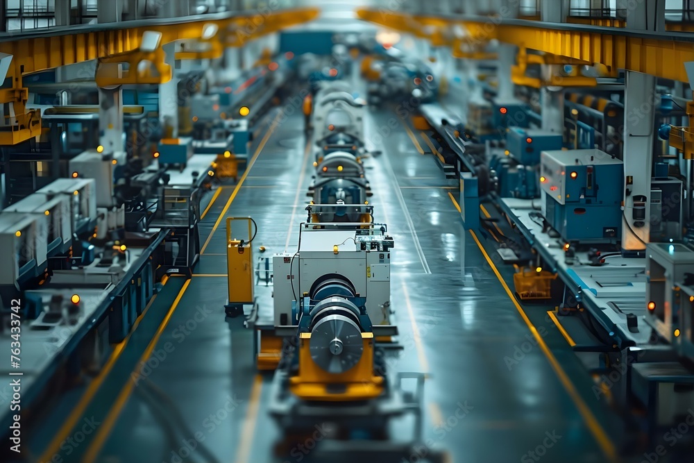 Large industrial machinery in a busy factory setting producing various products. Concept Factory Equipment, Industrial Manufacturing, Product Assembly, Busy Production Line, Heavy Machinery