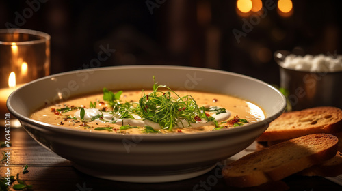 A photograph of a seafood bisque garnished with fresh herbs and a drizzle of cream, highlighting gourmet seafood soups.
