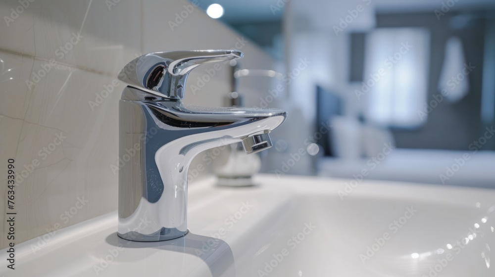 Close-up sink with faucet with running water in bright bathroom Close-up sink with faucet with running water in bright bathroom