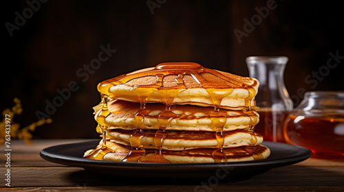 A  photograph of a stack of delicious pancakes with maple syrup on a warm brown background, perfect for breakfast.