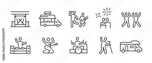 10 music icons: performers, festival trucks, partying men on white. For web, mobile, promos, SMM. Music, entertainment, festivals, concerts. Vector illustration.
