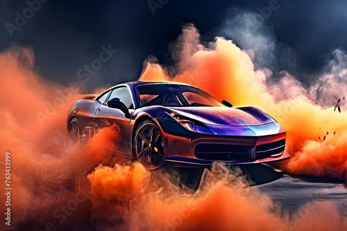 Fast Luxury sportscar in motion for speed drive Wealthy Rich Sleek Car with smoke