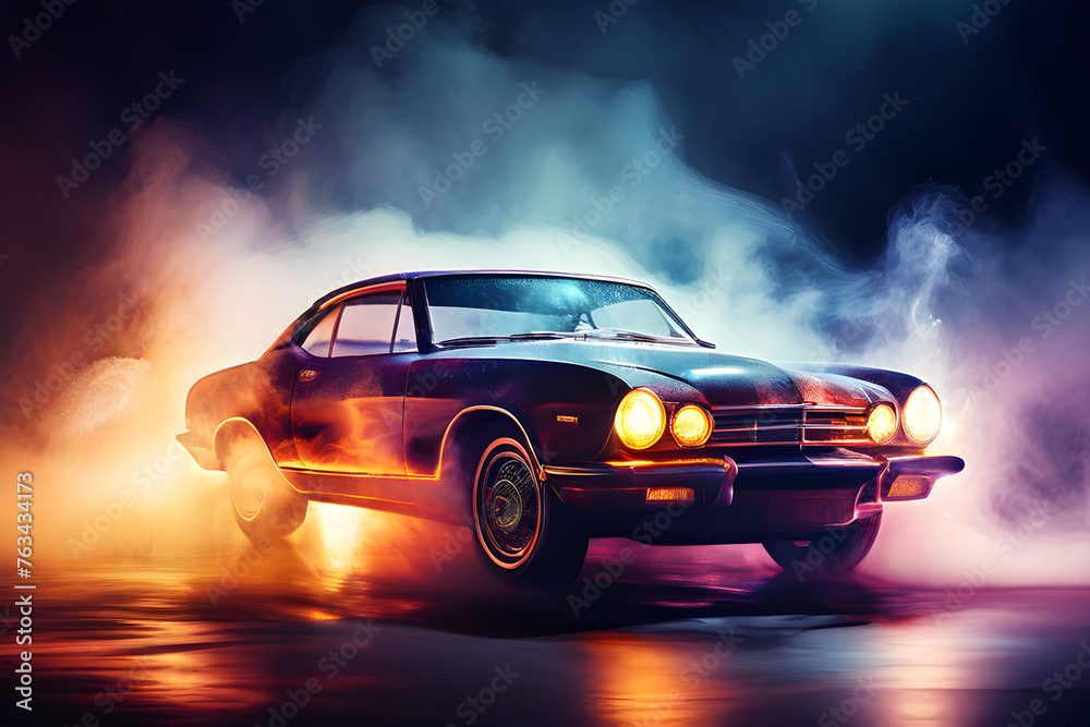 Vintage sportscar in motion for speed drive Wealthy Rich Sleek Car with smoke