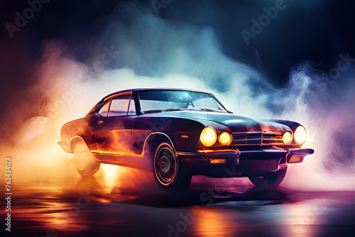 Vintage sportscar in motion for speed drive Wealthy Rich Sleek Car with smoke