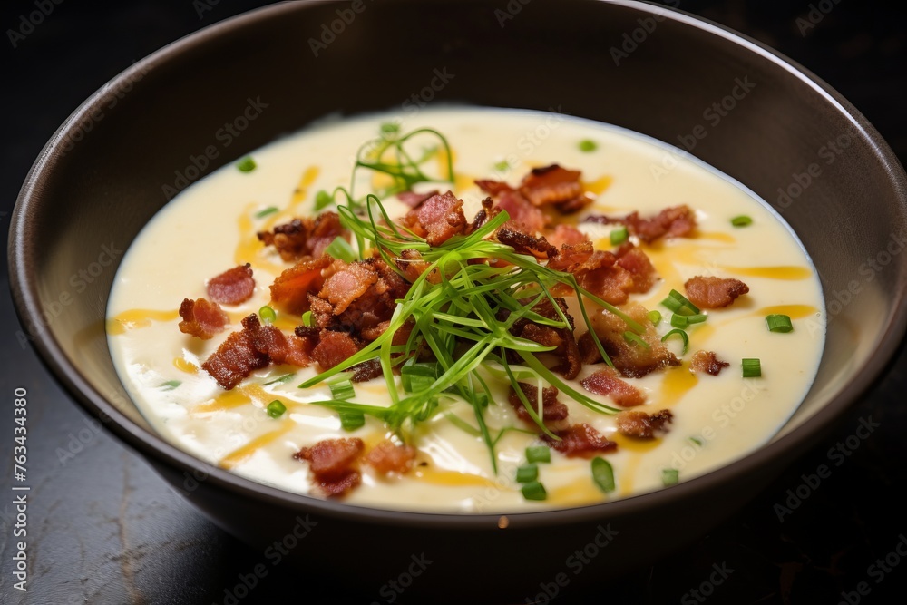 Crispy bacon bits sprinkled over a creamy potato soup Crispy bacon bits sprinkled over a creamy potato soup