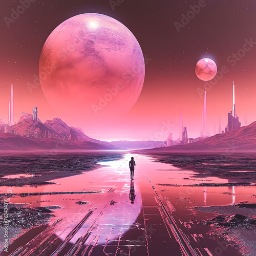 A man walks across a road in front of two large pink planets. The scene is set in a futuristic world with tall buildings and a river. The pink color scheme gives the image a dreamy